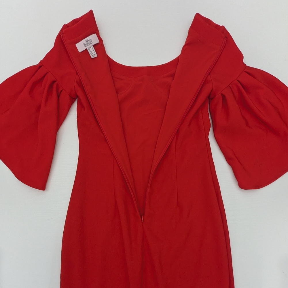 Badgley Mischka Red Knee Length Scuba Sheath Dress 3/4 Bell Sleeves Formal 0 - Picture 9 of 13